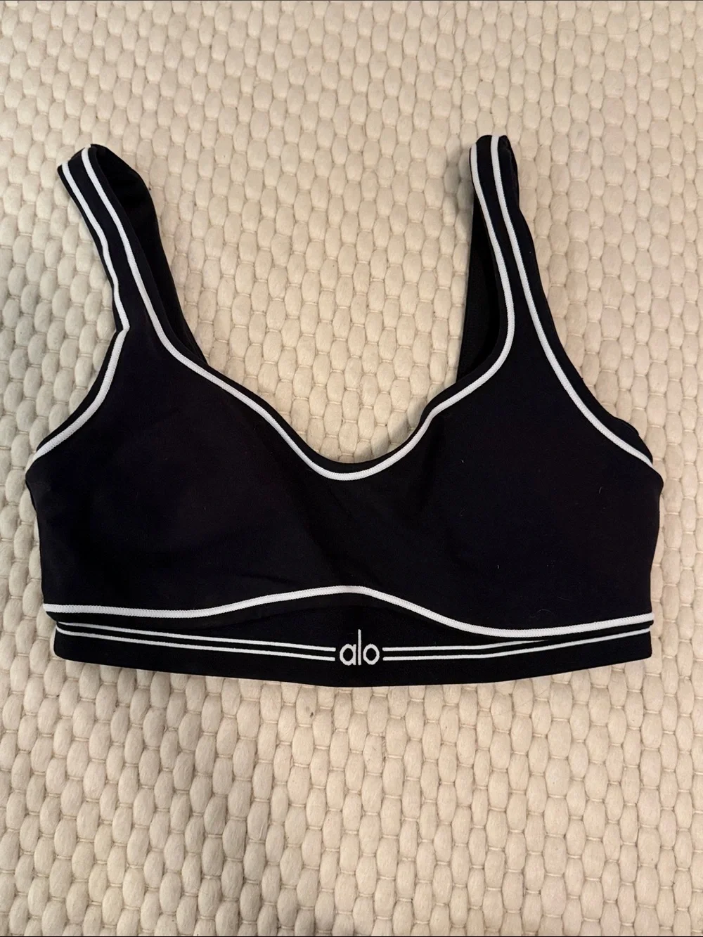 ALO Yoga Black Leggings and Sports Bra Set with White Piping